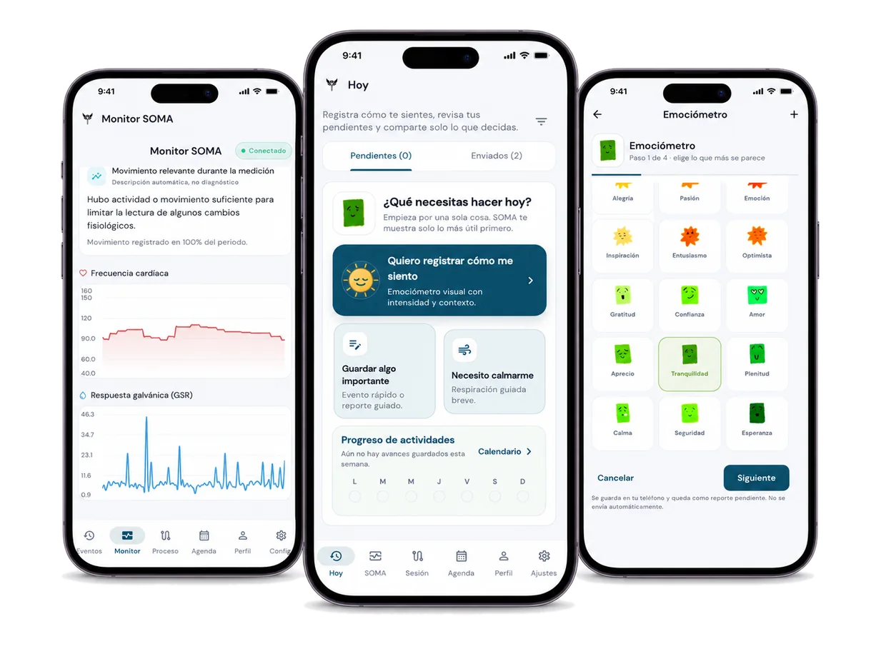 SOMA App en tres teléfonos con monitor, inicio y emociómetro