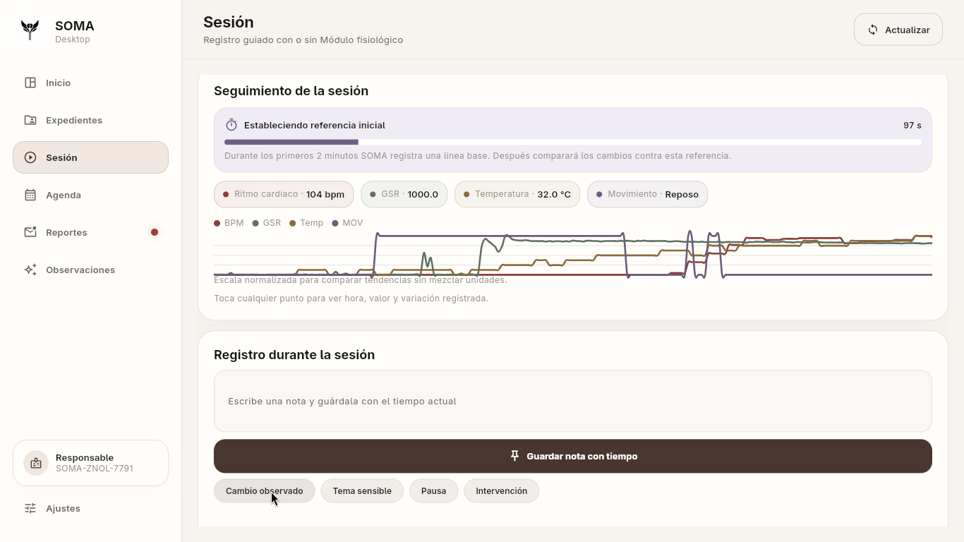 Registro de sesión en SOMA Desktop